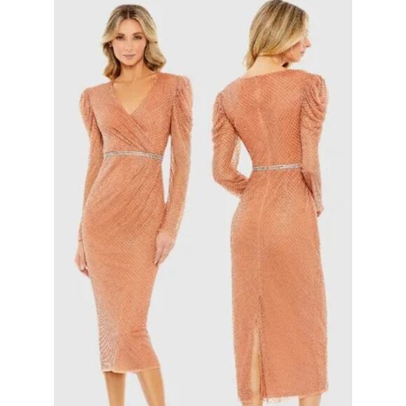 Mac Duggal 93674 Beaded Puff Sleeve Midi Wrap Over Dress Copper Women's 20 NWT - Picture 1 of 13